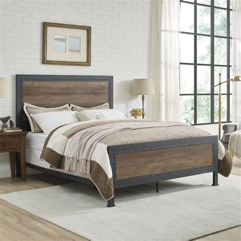Berta Industrial Queen Panel Bed Bed frame and headboard, Rustic