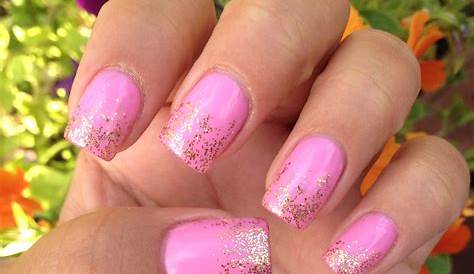 Acrylic Nail Design, pink gel polish with gold glitter. Beauty Zone