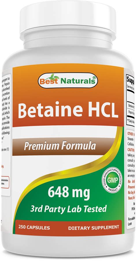 Best Naturals Betaine HCL with Pepsin 648 mg 250 Capsules