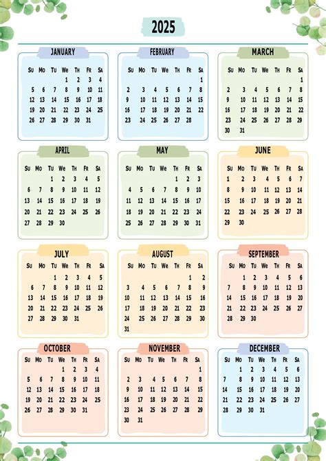 2025 year calendar yearly printable
