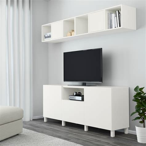 BESTÅ TV unit with doors and drawers white, Notviken/Stubbarp gray