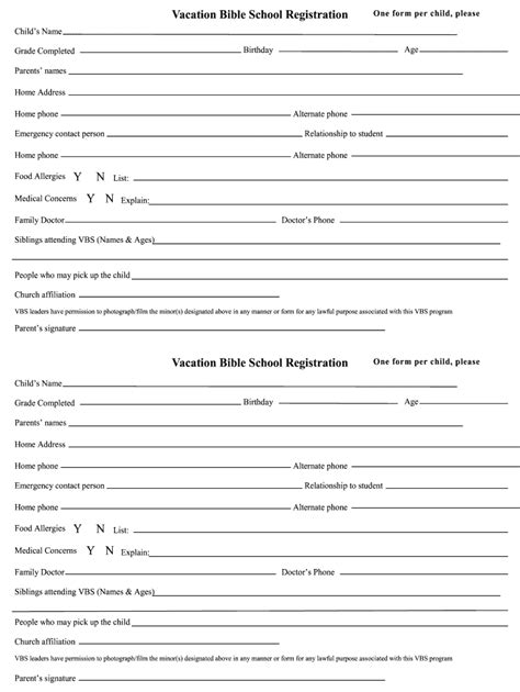 bible school registration form template