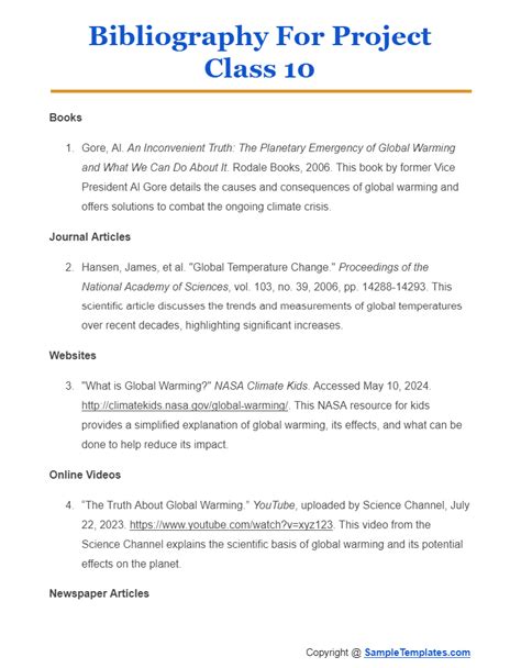 bibliography format for project class 10