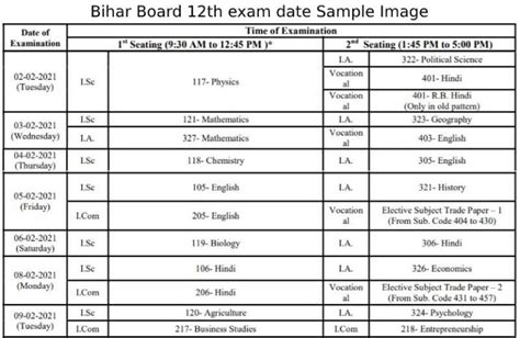 bihar board 12th date sheet 2024