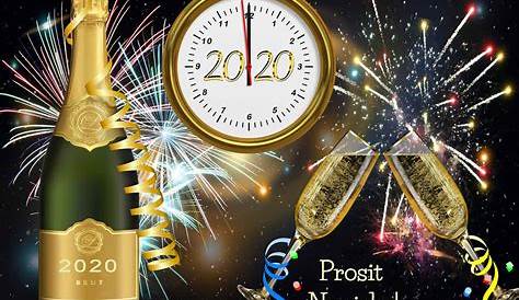 Frohes neues Jahr 2020 mit Feuerwerk im Hintergrund. Feier Neues Jahr