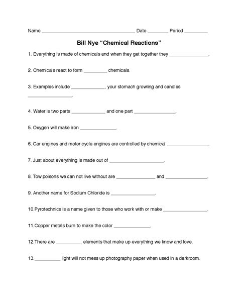 bill nye chemical reactions worksheet quizlet