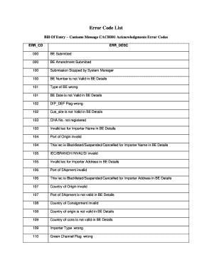 bill of entry error code list