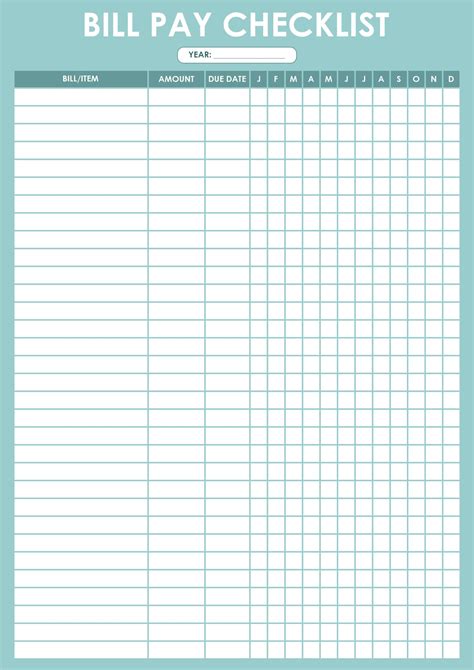 Bill Pay Chart Printable