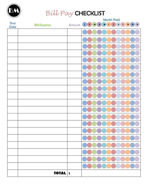 Bill Payment Schedule for Printable Bill Pay Checklist Template