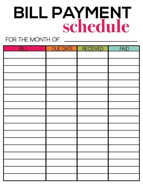 Bill Payment Schedule Template Printable