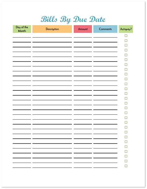 Bills By Due Date Printable