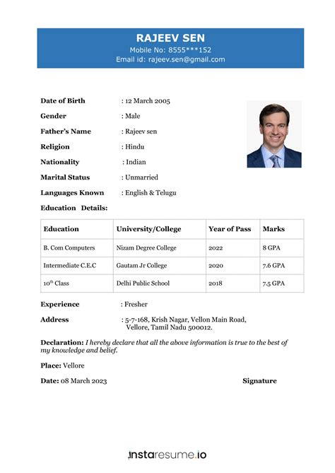 biodata sample format - Google Search | Biodata format, Resume format