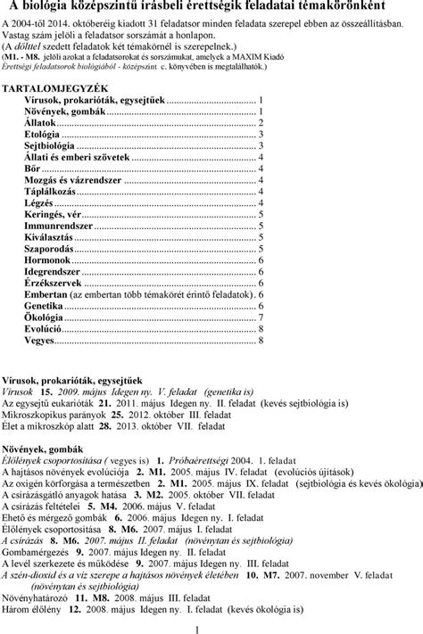 biológia érettségi feladatsorok témakörönként