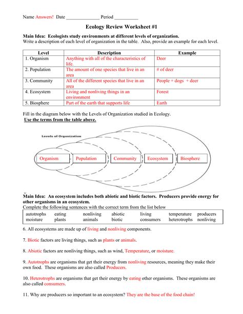 biology ecology review worksheet