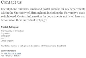 birmingham university contact number
