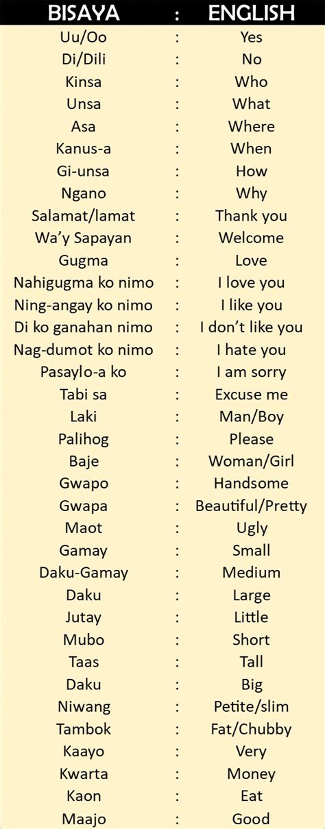 bisaya words translated to tagalog