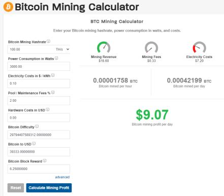 bitcoin mining calculator cpu