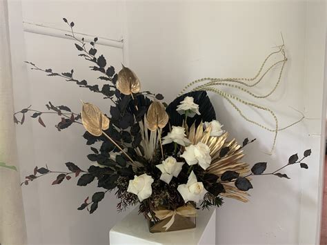 Gold and black silk flower arrangement Silver wedding centerpieces