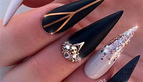 Black And Gold Stiletto Nails Designs With Foils nails