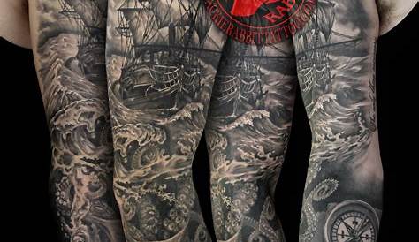 Black And Grey Pirate Ship Tattoo Design For Sleeve | Ship tattoo