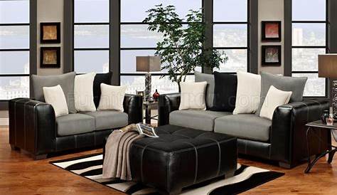 Black Vinyl and Grey Fabric Modern Sofa & Loveseat Set w/Options
