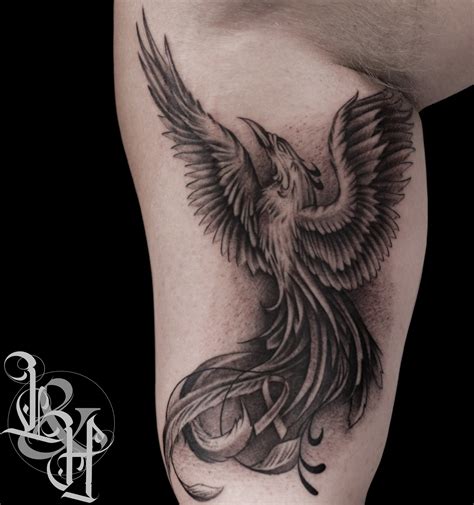 Powerful Black And Grey Phoenix Tattoo Designs References