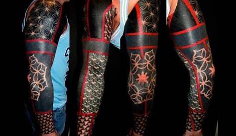 red and black half sleeve tattoo by Lukasz Kaczmarek - Design of