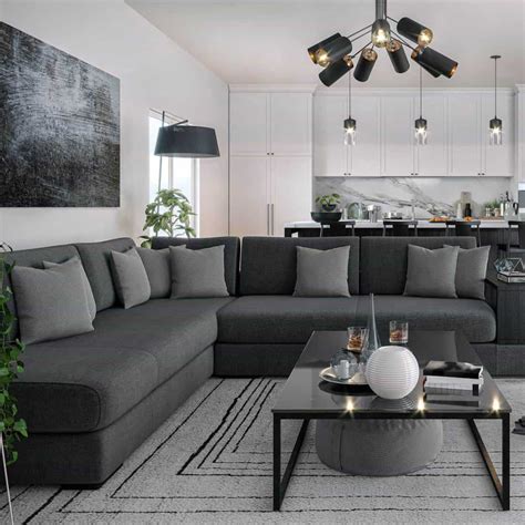 New Black And White Living Room With Grey Sofa For Living Room