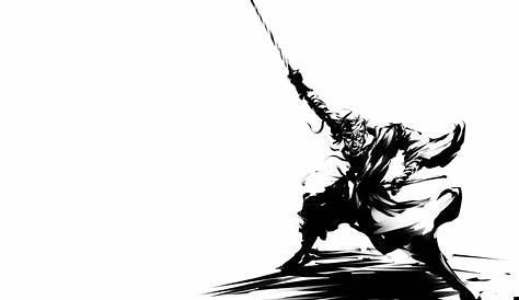 Black swordsman sketch, monochrome, white background HD wallpaper