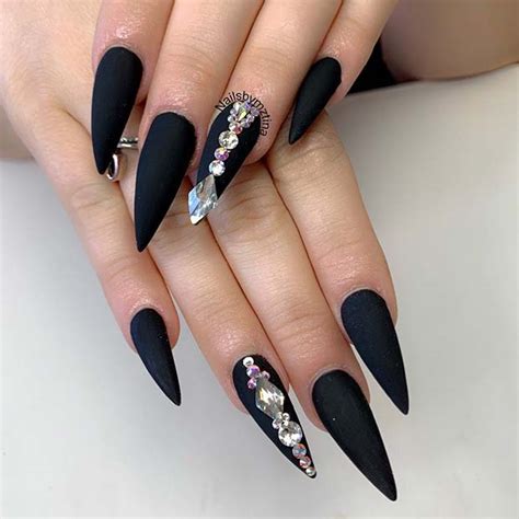 Love this. Black Matte Nails with a Diamond Stone Diamante nails, Diamond nail designs, Prom nails