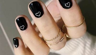 Black Nails With Heart Design Valentines Day