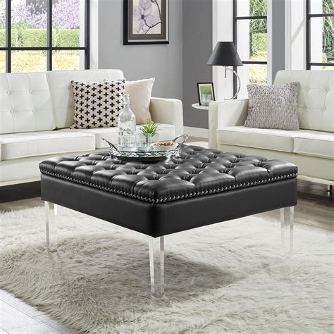 Very Large Button Tufted Black Faux Leather Ottoman Coffee Table at 1stdibs