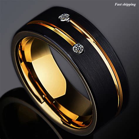 Black Tungsten Ring Rose Gold Wedding Band Wood Inlay