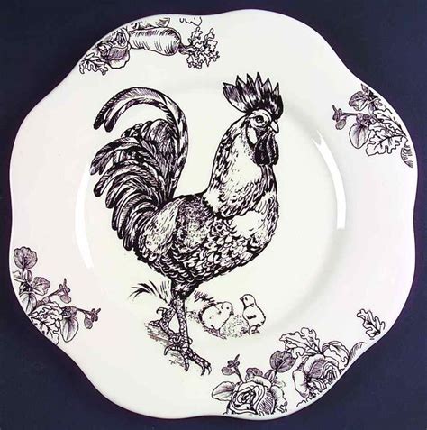 black and white rooster dinnerware