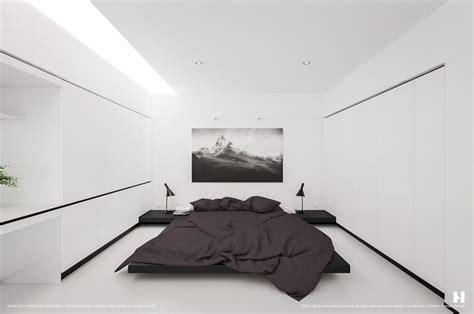 A black bedroom with minimalist design and a view of the city