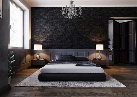 A black bedroom with textured fabrics and warm lighting
