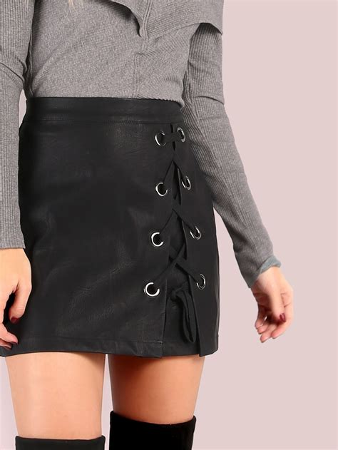 black faux leather lace up mini skirt