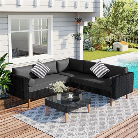 Aluminum Outdoor Patio Furniture Sectional Set Black Wicker Sofa