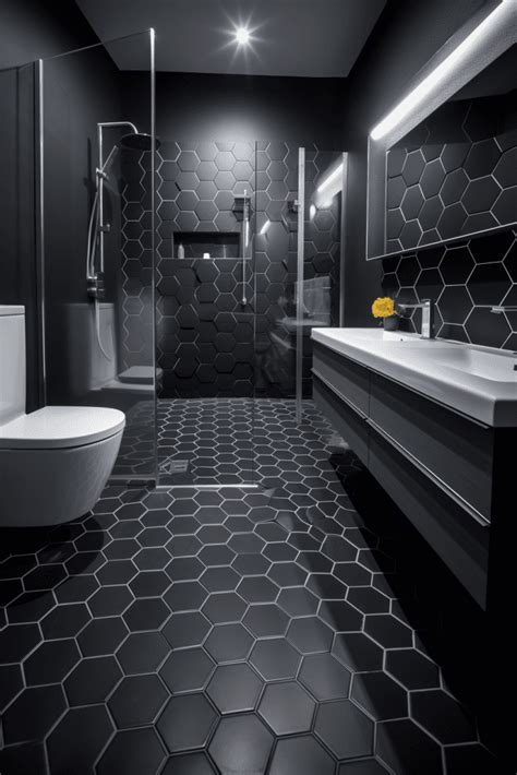 black tile floor bathroom
