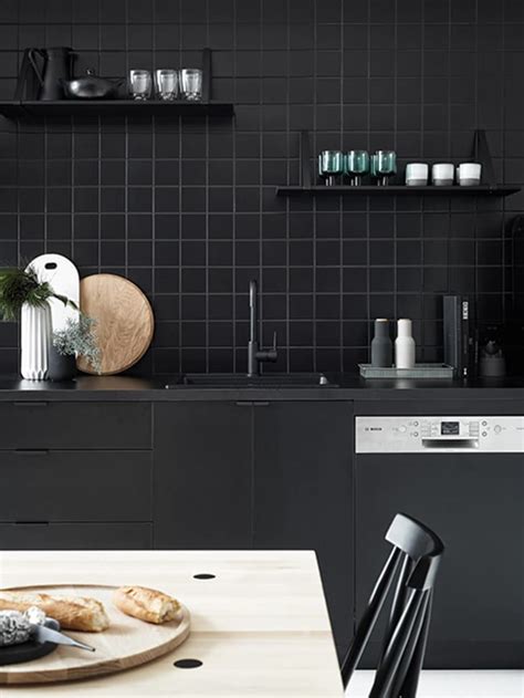 black wall tile kitchen