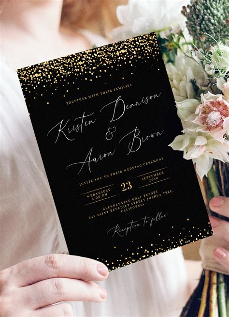 black white and gold engagement invitations