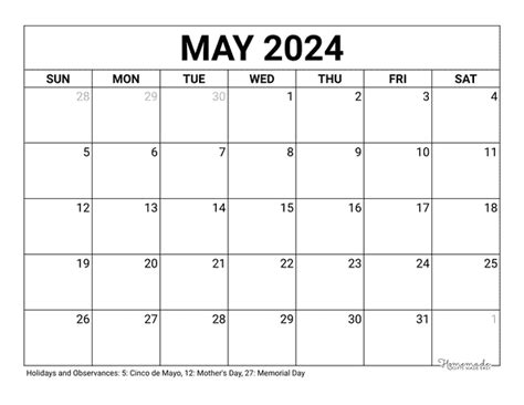 Blank Calendar Template May 2024