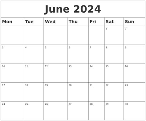 Blank Printable Calendar June 2024