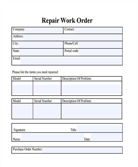 Blank Printable Repair Orders