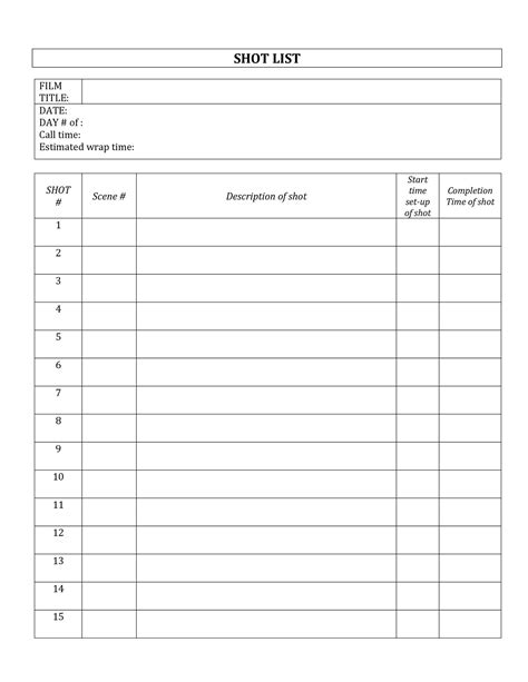 Blank Shot List Template