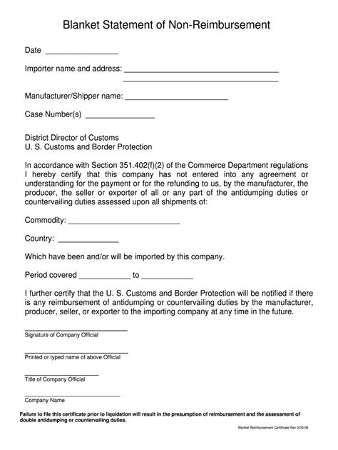 Blanket Non Reimbursement Statement