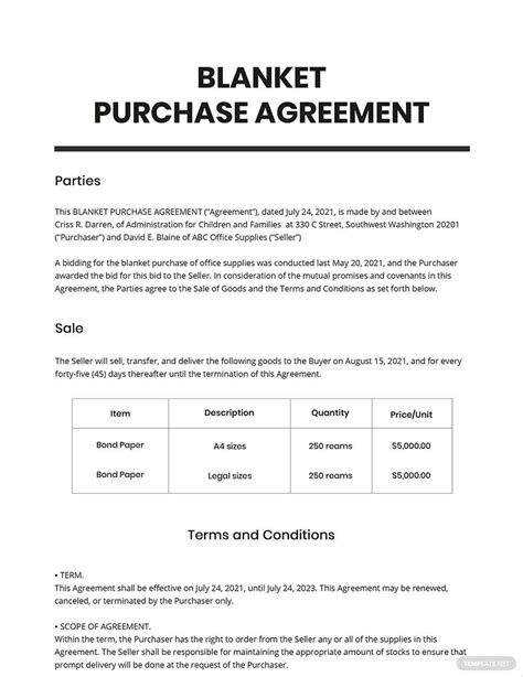 Blanket Purchase Agreement Template
