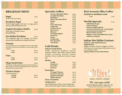 bliss coffee menu