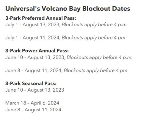 blockout dates volcano bay