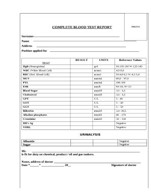 blood test report sample in word